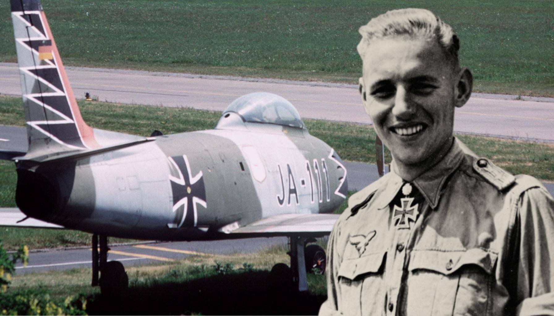 Lieutenant Erich Hartmann and a retired German Luftwaffe Canadair CL13-B Mk6 Sabre